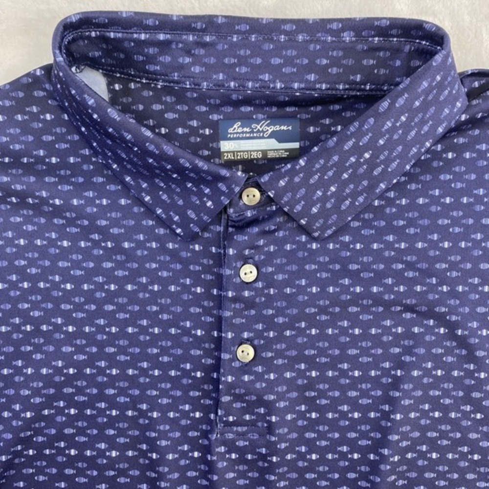 Ben Hogan Golf Polo Men Sz 2XL Blue All Over‎ Fish Print Short Sleeve